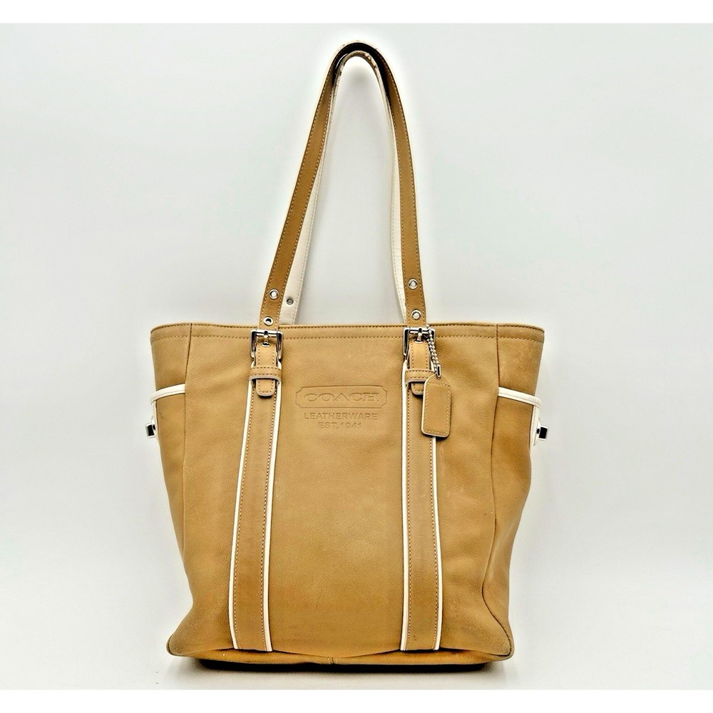 Coach Hamptons Large Leather Tote Bag Tan & White Shoulder Purse Vintage